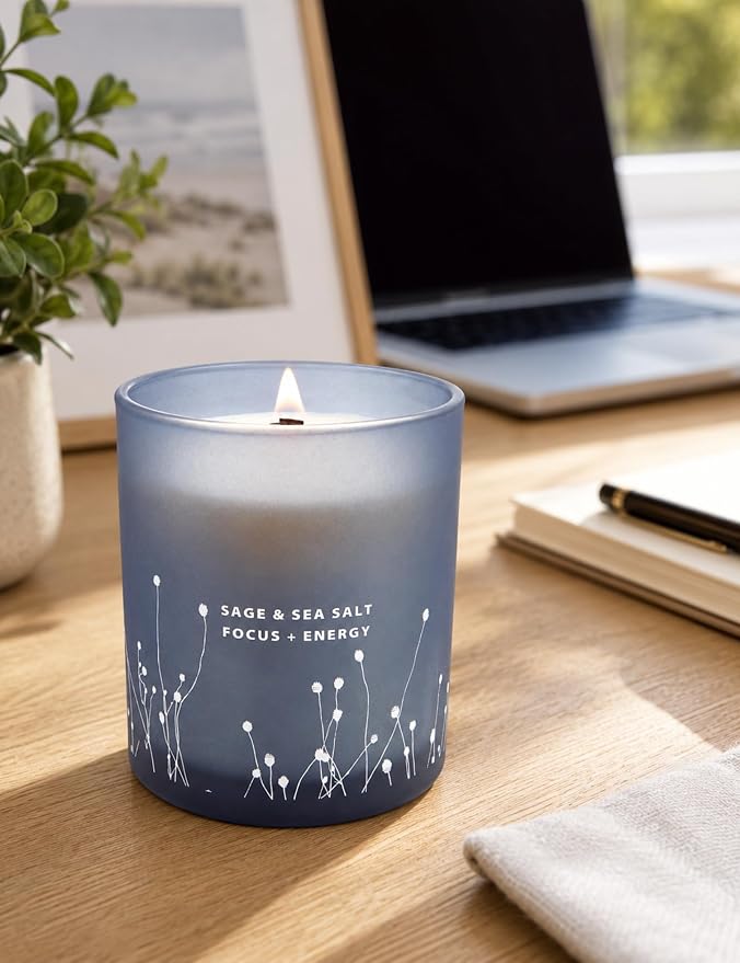 White Sage Sea Salt Wood Wick Soy Scented Candle, 10.6 oz | Sage Candle for Cleansing House | Aromatherapy Energy Cleansing Candle for Home, Meditation, Clean Burning Long Lasting