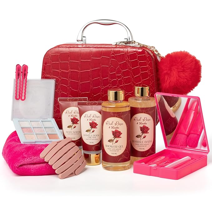Spa Gift for Women, Red Rose Vanilla Bath and Body Basket Gift Cosmetic Bag | Face Skin Care Kit, Home Spa Self Care, Makeup, Birthday, Christmas, Mother, Bridal Shower Spa Kit for Teenage, Daughter Gift