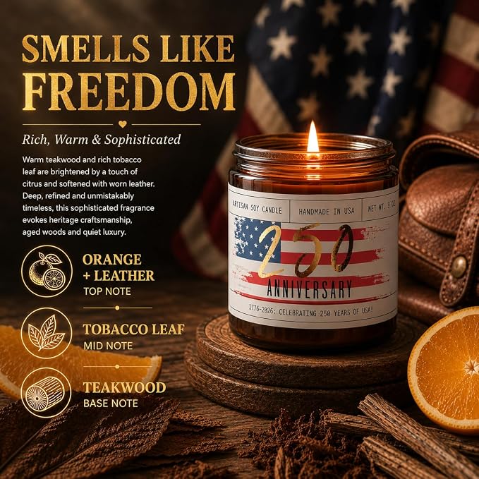 250 Anniversary USA Merchandise Women Patriotic Candles -w/Teakwood, Tobacco, Orange - 4th of July Candles Gifts for Women I Red White and Blue Candle I America 250 Merchandise I50Hr Burn Made in USA