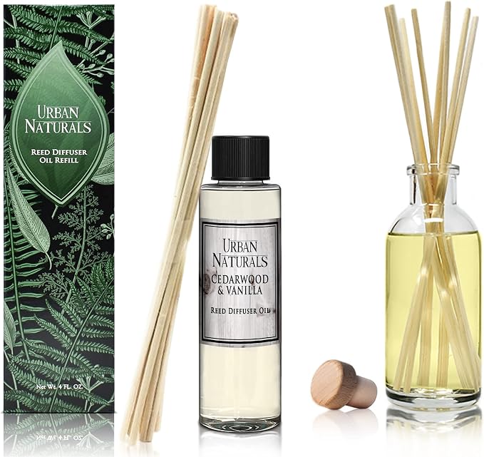 Urban Naturals Reed Diffuser Oil Refill, Cedarwood Vanilla Fragrance Oil with Oak, Cedar, Vanilla, 4 oz + Free Reed Sticks, Made in the USA