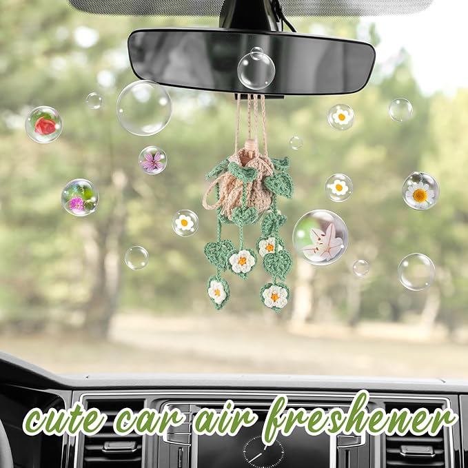 DaisyInner Cute Crochet Plant Car Freshener 12ml Empty Refillable Diffuser Bottle with Plants Hanging Accessories for Ornaments Charms Rearview Mirror Home Office Decor Women Gifts(Daisy)