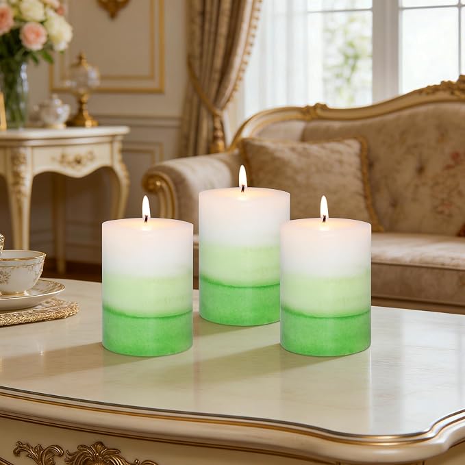 Pillar Candles 3x4 Inch Eucalyptus Scented Hand-Poured Layered Green Gradient Candle Long Lasting Clean Burn Candle for Home Scented Relaxation Spa Holiday Dinner Table Rustic Decor, 3 Pack