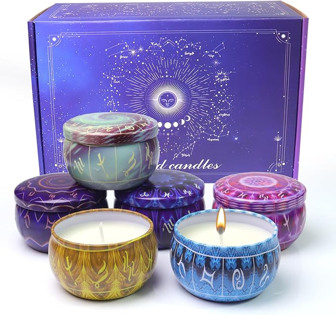 Zodiac Scented Candles Gifts Set, 12 Pack Soy Wax Travel Aromatherapy Candles with Essential Oils, Astrology Constellation Candle Set for Birthday, Mother's Day, Relaxation, Home Decor