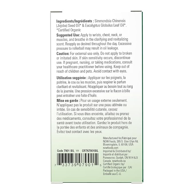 NOW Foods Essential Oils, Eucalyptus Roll-On, Certified Organic, Clarifying Blend, Steam Distilled, Topical Aromatherapy, 10-mL
