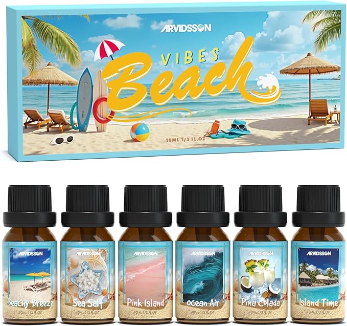 ARVIDSSON Beach Fragrance Oils Set, Summer Essential Oils for Diffuser - Beachy Breeze, Ocean Air, Pina Colada, Pink Sand, Sea Salt, Island Time, Tropical Scented Oil for Home, Candle Making