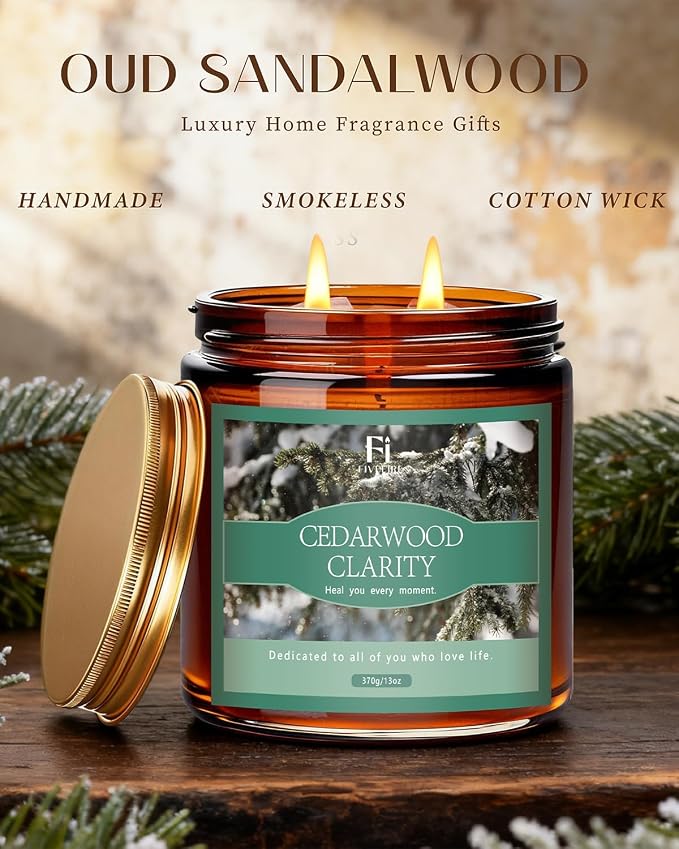 Cedarwood Scented Soy Candle 13oz, Clean Burning Jar Candle with Cotton Wick, Up to 76 Hour Burn, Woodsy Aromatherapy Candle for Relaxation & Focus, Housewarming Gift