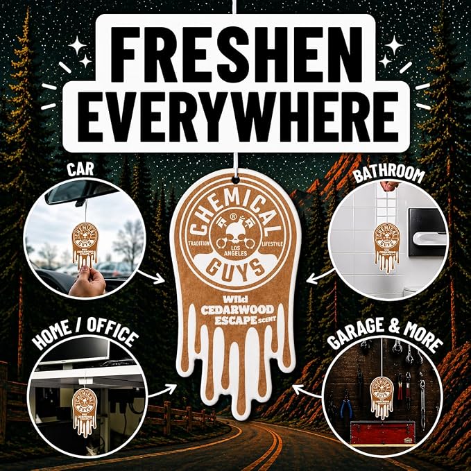Chemical Guys Hanging Car Air Freshener 12-Pack, Wild Cedarwood Escape Warm, Woody & Earthy Cedarwood Fragrance, Rearview Mirror Paper Fresheners for Cars, Trucks, SUVs & Boats