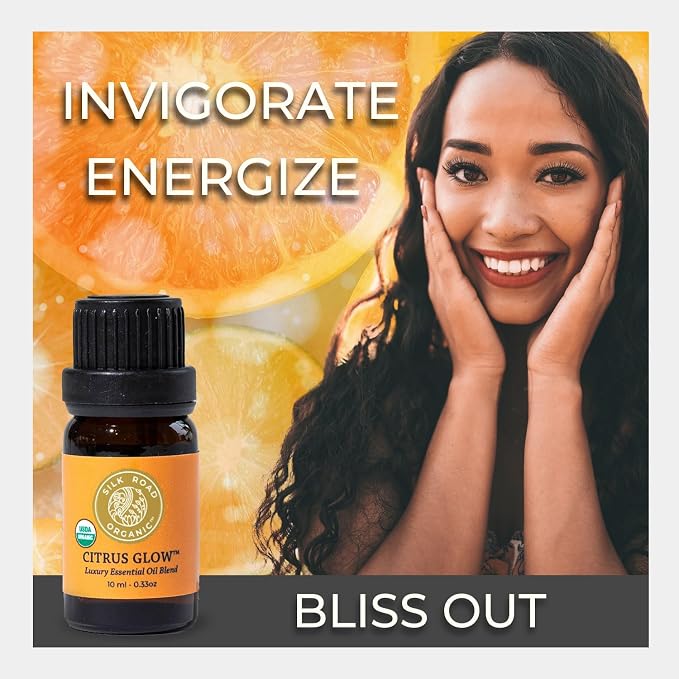 Silk Road Organic Citrus Glow Essential Oil Revive Blend for Stress, Energy & Focus | USDA Certified Citrus & Vanilla - 10 ml Dropper