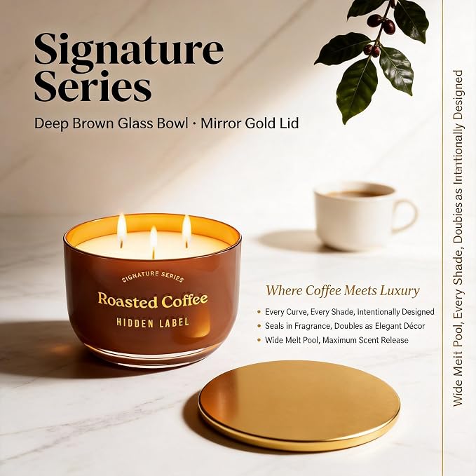 Roasted Coffee Scented Candle, 18oz Natural Soy Wax Non Toxic, 3-Wick Large Candles for Home, 75 Hours Burn Time, Strong Cold & Hot Throw, Coffee Lover Gift, Kitchen & Office, Long Lasting Aroma