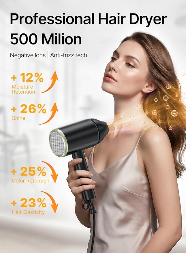 Hair Dryer with Diffuser, 150000 RPM Ionic Blow Dryer, Foldable Travel Hair Dryer with Nozzle, Lightweight Low Noise Fast Drying Hairdryer for Women Men, Portable Mini Hair Dryer, Black