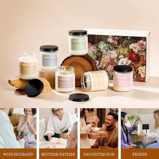 Scented Candles Gift Set,6 Pack Fall Scented Candles for Women Gifts Autumn Home Decor, Natural Non Toxic Soy Candle Set Pumpkin/Cinnamon Apple/Vanilla/Lavender/Sage/Eucalyptus