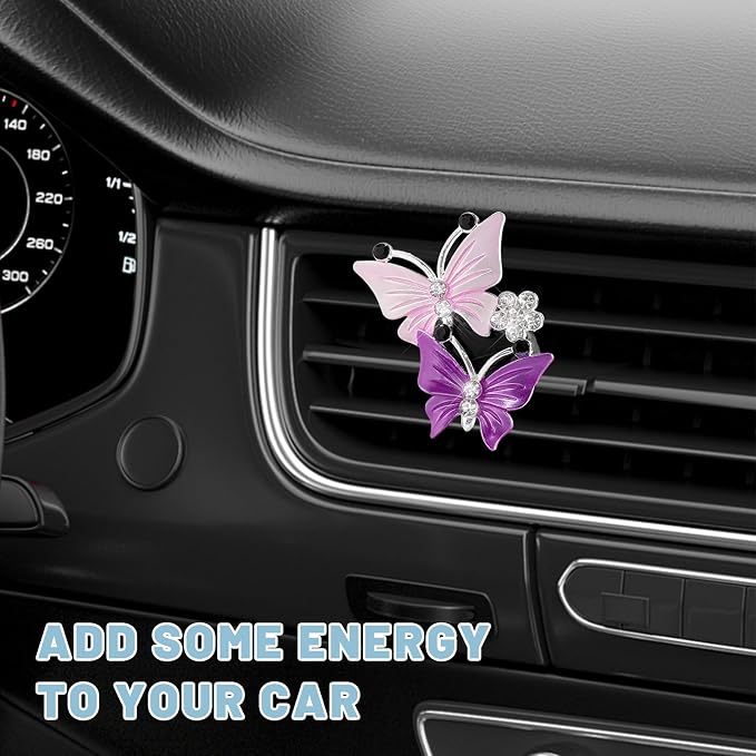 2 PCS Dual Butterfly Diamond Car Air Fresheners, Bling Butterflies Air Conditioning Outlet Clip Fragrance Diffuser, Cute Rhinestone Butterfly Vent Clips for Most Vehicles (Purple)