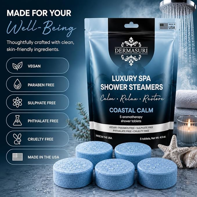 Shower Steamers Aromatherapy, Essential Oil Pods Infused for Relaxation, Shower Pods Aromatherapy - Calming, Stress Relief & Self Care Gifts for Women - Coastal Calm