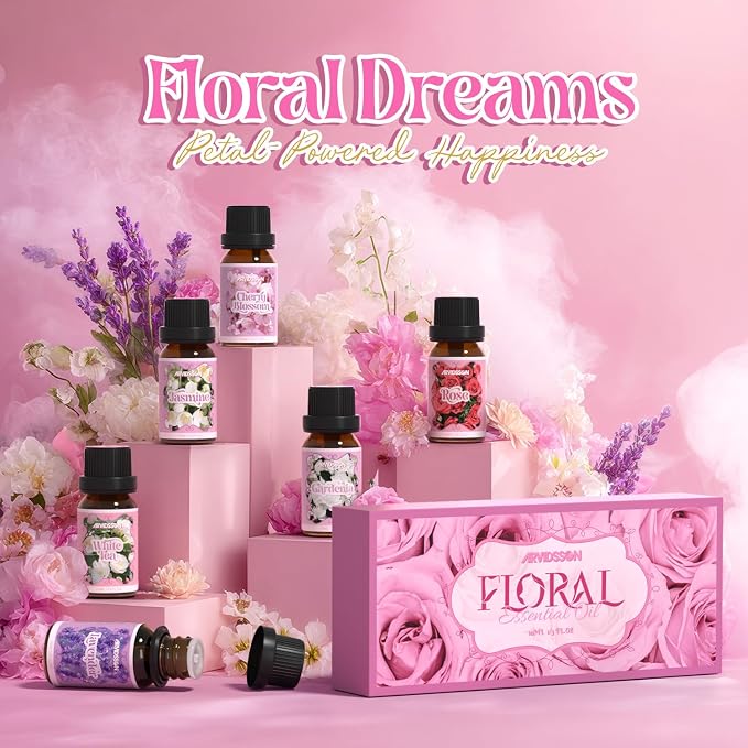 ARVIDSSON Floral Essential Oils Set, Natural Flower Essential Oil Gift for Women - Lavender, Jasmine, Cherry Blossom, Gardenia, White Tea, Rose, 6 x 10 mL