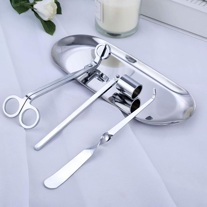 MUXSAM 4 in 1 Candle Accessory Set - Candle Wick Snuffer, Candle Wick Trimmer, Candle Wick Dipper, Storage Tray Plate, Candle Care Tools Kit Gifts for Scented Candle Aromatherapy Lovers - Silver
