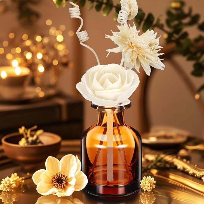 2pcs Camellia Flower Diffuser Sticks Natural Material Aromatherapy Reed Wood Flowers Fragrance Refills with Cotton Wick for Home and Office Decor