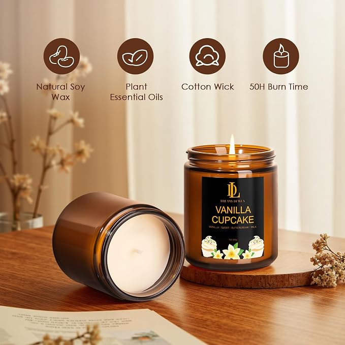 Vanilla Cupcake Candles, Vanilla Cupcake Scented Candle, Mother's Day Candle Gifts for Women, Soy Candles for Home Scented, 7oz 50 Hours Burn, Home Décor