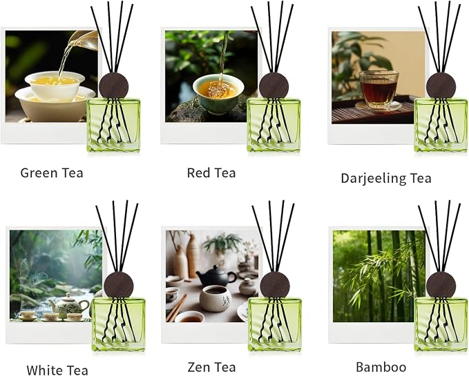 6.76 oz Zen Tea Scent Diffusers with 8 Fiber Sticks,200ml Reed Diffuser for Bathroom Room Air Freshener, Last up for 40 Days