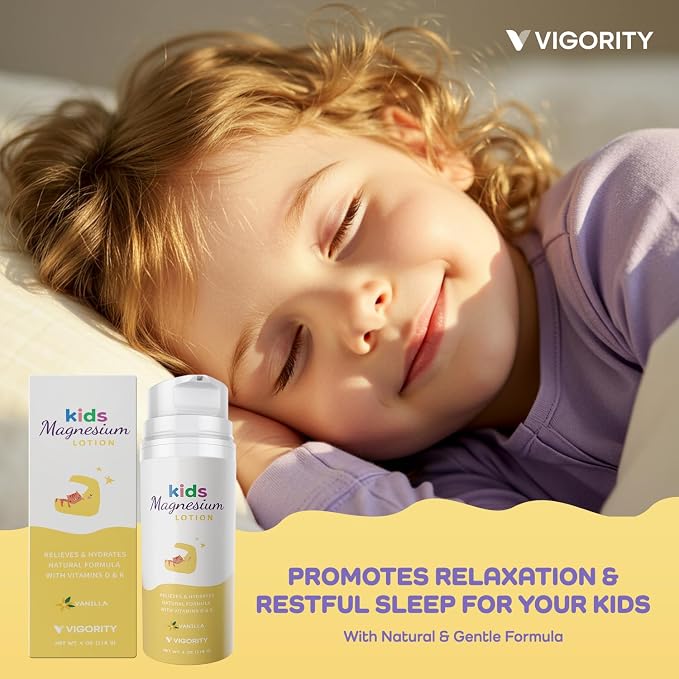 Vigority Magnesium Lotion for Kids & Babies Sleep - Bedtime Body Cream with Vanilla, Multi Vitamins & Botanical Extracts – Soothing Topical Magnesium for Relaxation, Calming & Soothing Relief
