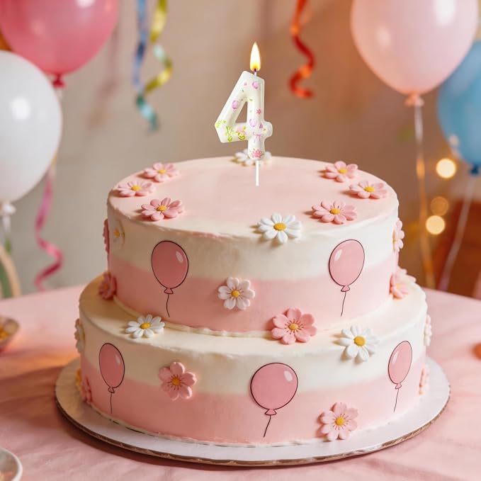 Number 4 Birthday Candle for Cake – Goose Inspired Design with Floral, Balloon & Leaf Details – Farm Theme Cake Topper for Birthday Party Decoration