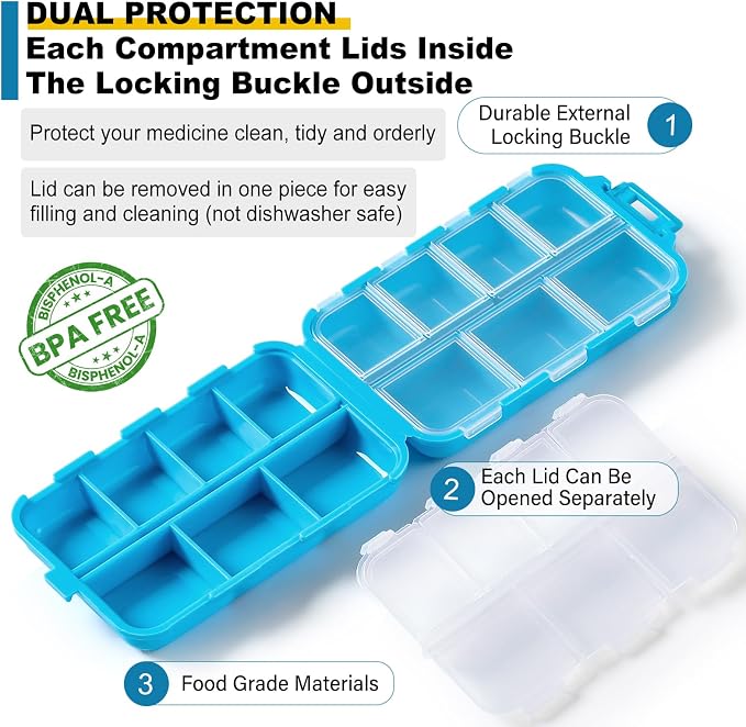 14 Grids Travel Pill Organizer Box with 415-Pcs Medicine Name Labels - Pocket Daily Pharmacy Case Container Kit - Travel Medication Holder Dispenser for Fish Oil Vitamin Supplement Storage - Blue