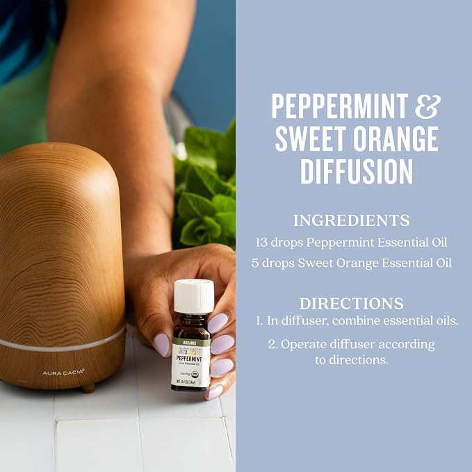 Aura Cacia Organic Peppermint Essential Oil, Mentha Piperita Oil, Cooling Aromatherapy for Diffusers, Skincare, Massage, Custom Blends | 0.25 Fl Oz (Pack of 1)
