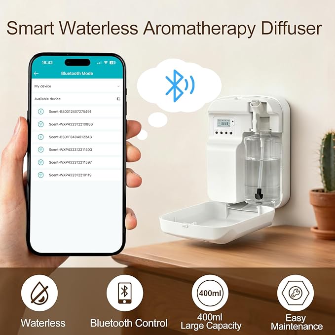Waterless Essential Oil Diffuser, 2500 Sq.Ft Coverage, Bluetooth App Control, No-Noise Wall-Mounted Aroma Diffuser, 400ml, Perfect for Home, Hotel & Office, Valentines Day Gift, White
