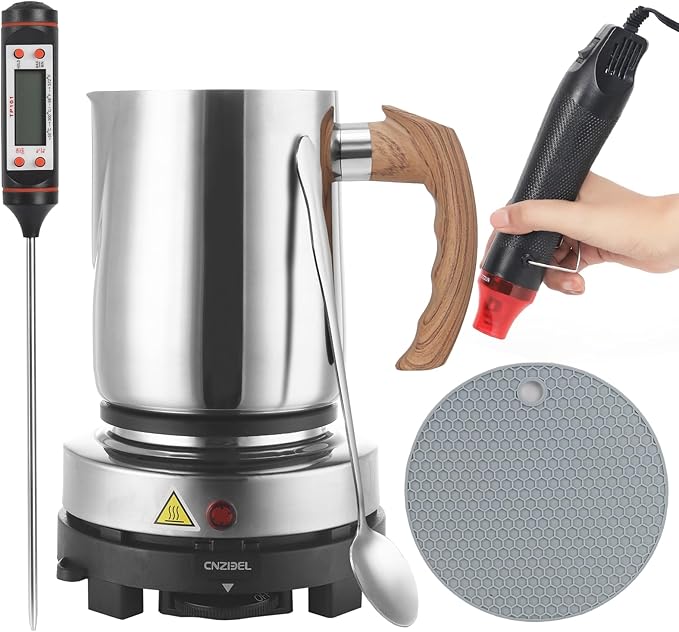 Candle Making Kit with Hot Plate for Adults, Soy Candle Make Set with Wax Melter for Beginners, Imitation wood grain Pouring Pot Pitcher, Heat Gun, Thermometer, Candle Making Supplies Accessories