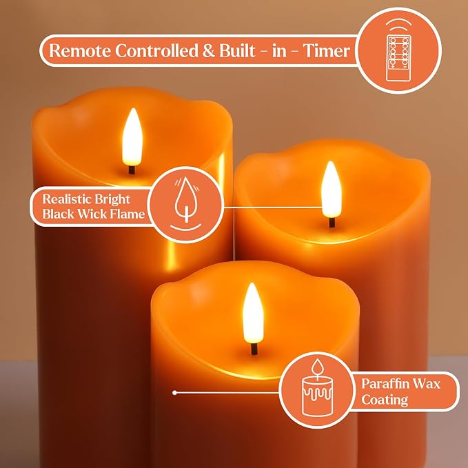 Burnt Orange Flameless Pillar Candles with Remote, LED Wax Candles Flickering Table Centerpiece Decor Set of 3