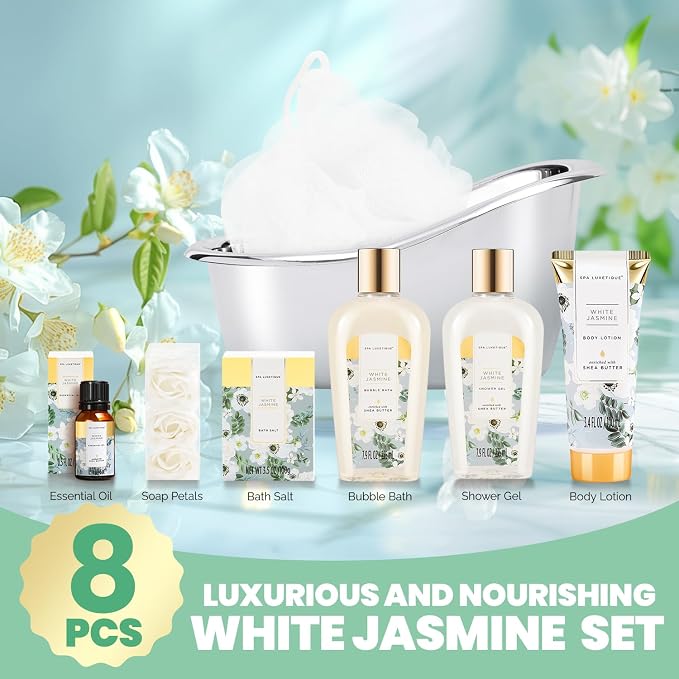 Spa luxetique 8pcs Jasmine Gift Set for Women, Spa Gift Baskets Bath and Body Gifts with Shower Gel, Bubble Bath, Mother's Day Gifts for Mom Birthday Anniversary