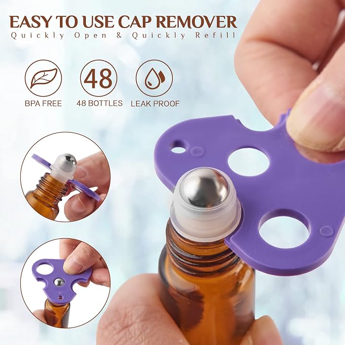 Hoa Kinh Roller Bottles for Essential Oils 10ml 24Pack Empty Amber Glass Perfume Roller Bottles with Stainless Steel Balls Refillable Roller Ball Applicator for Hair, Essential Oil