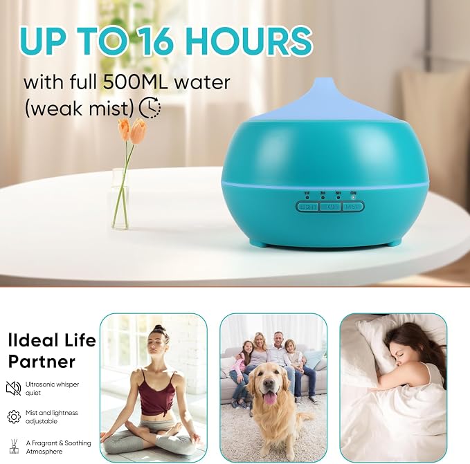 HAPPTWS 500ML Essential Oil Diffuser - BPA Free Ultrasonic Aromatherapy Diffuser, with 7-Color Lights Waterless Auto Shut Off for Home、Room、pet Room - Blue