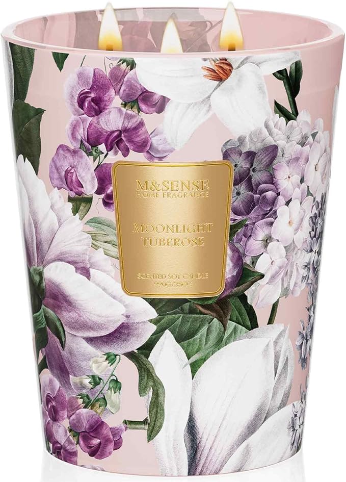 M&SENSE Moonlight Tuberose Large Scented Candle, 35oz 3 Wick 150H Long Lasting Natural Soy, Organic Relaxing Aromatherapy Candle, Housewarming Gifts