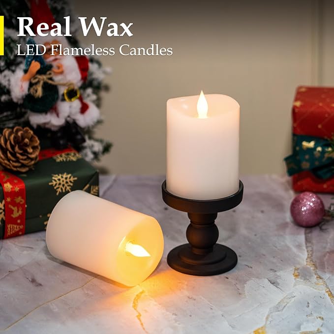 3"x4" Flickering Flameless Battery Candles with Timer, White Realistic LED Pillar Candles, Set of 2 Large Remote-Operated Candles for Home Indoor/Outdoor & Holiday Decor