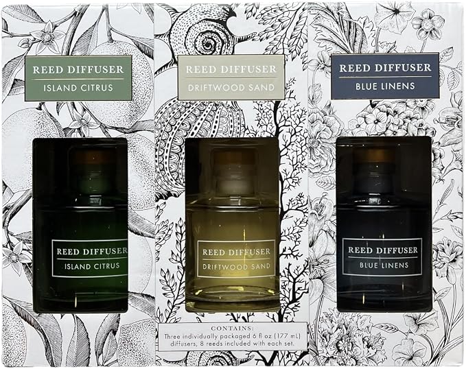 Bellevue Reed Diffuser Set, Three 6 fl oz Glass Filled Diffuser, Highly Concentrated Fragrances with Essential Oils, Home Fragrance (Island Citrus, Driftwood Sand, Blue Linens)