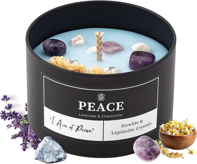 Peace Crystal Candle for Meditation and Room Decor, 8oz, Infused with Howlite & Lepidolite Crystals, Lavender & Chamomile Essential Oil Scented Candles, Non Toxic Soy Wax Blend for Stress Relief