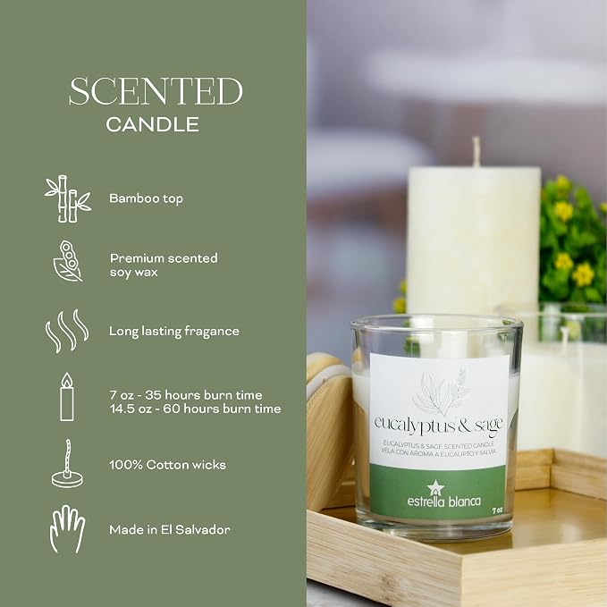 7oz Eucalyptus and Sage Scented Candle, Candles for Home Scented, Soy Blend Wax Candle, Gift for Women Men, Long Burning Candle