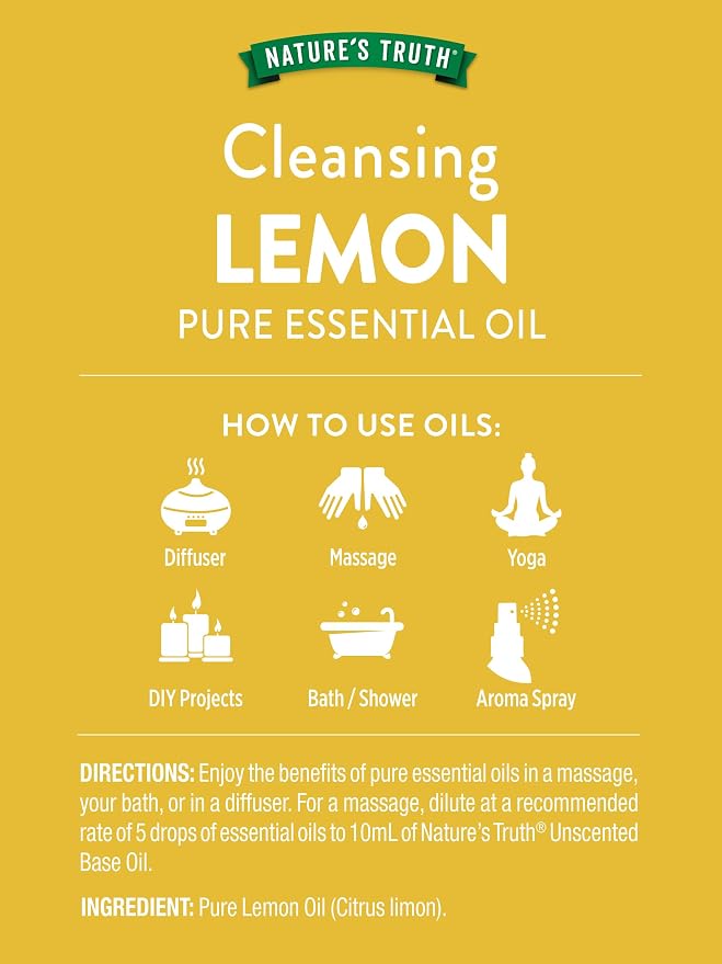 Nature's Truth Lemon Essential Oil | 15 mL | for Diffuser, Aromatherapy, and Massage | Pure Plant Based, Non-GMO & Gluten Free