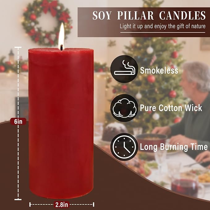2.8x6 Inch Soy Pillar Candles 270 Hours Long Burning Natural Soy Wax Emergency Candles Smokeless Red Pillar Candles Dripless Handmade Pillar Candle for Wedding Table Home, 3 Pack