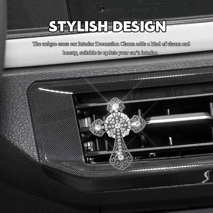 Bling Car Air Vent Clip, Crystal Cross Car Air Fresheners, Rhinestone Vehicle Air Conditioner Outlet Diffuser Vent Clip, Bling Car Interior Accessories Fit for Women and Man (Black, Style 1)
