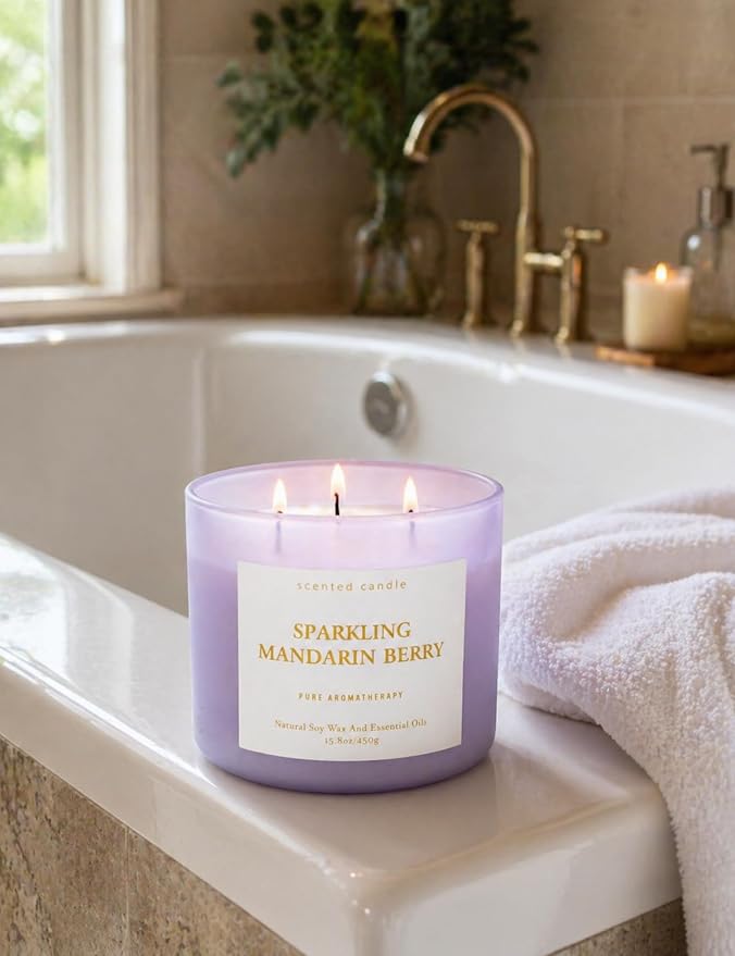 Sparkling Mandarin Berry 3-Wick Soy Summer Scented Candle for Home, 15.8oz | Grapefruit, Peach, Raspberry & Strawberry Notes, Fresh Citrus, Clean Burn, Bright Uplifting Scent, Gift for Women & Men