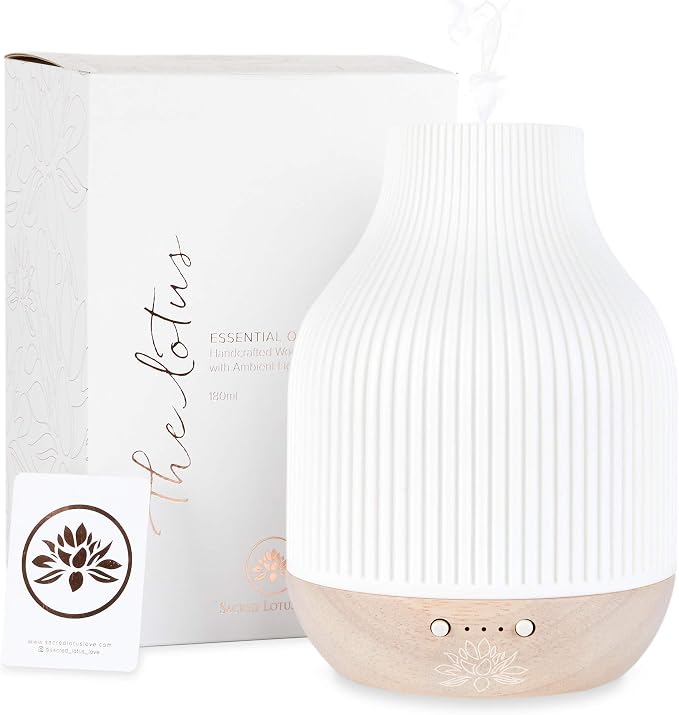 Sacred Lotus Love Ceramic Essential Oil Diffuser – Ultrasonic Aroma Diffuser with Wood Base, Ambient LED Light and Timer Settings