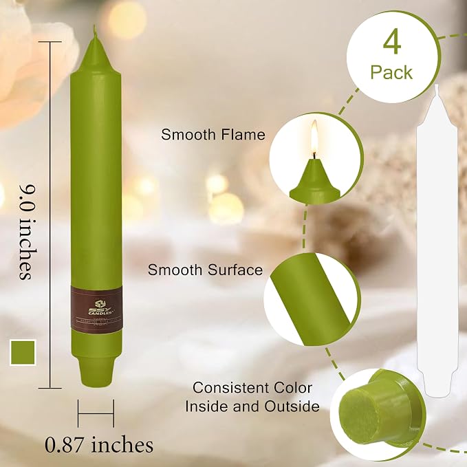 Christmas Grass Green Candle 9 Inch Tall Smokeless Taper Candles 4 Pack Unscented Dinner Candle for Christmas Festive Halloween Thanksgiving Day Fall Home Decor