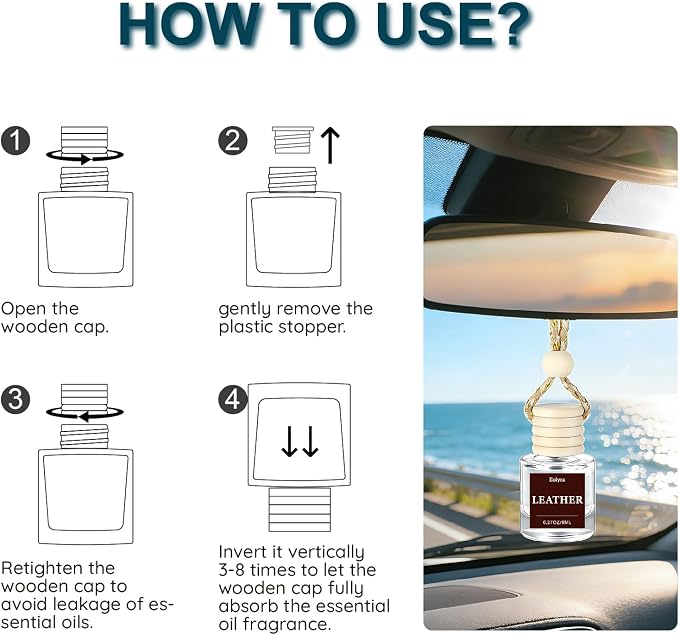 Hanging Car Air Freshener (Pack of 3) : Luxury Car Perfume for Women Men | Cute & Wooden Lid Reusable Bottle with 45+ Days Long-Lasting Scent for Auto Interio, Leather