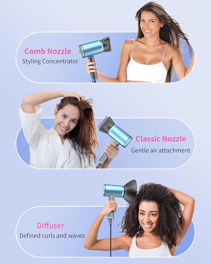 Foldable Portable Ionic Hair Dryer 1600W - Compact Mini Blow Dryer with Diffuser, Concentrator & Comb Nozzle, Intelligent Temperature Control, Low Noise for Home, Salon & Travel (Bluegrey)