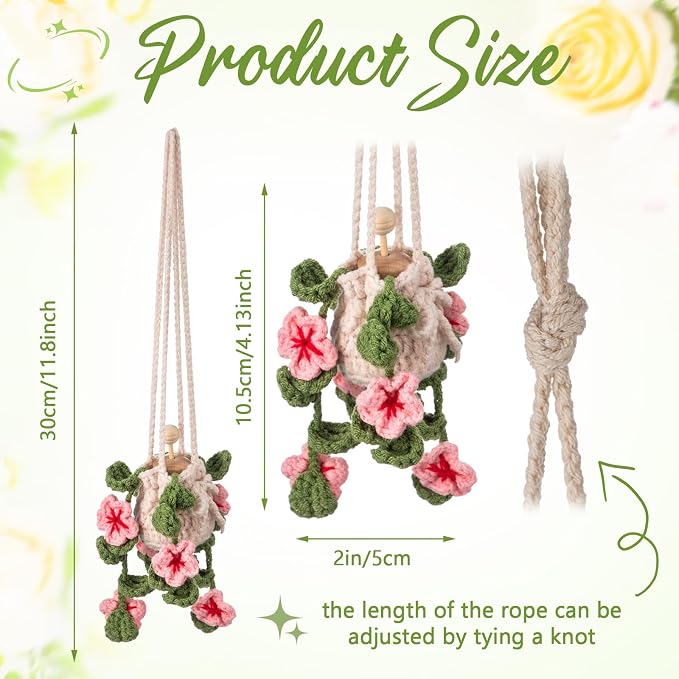DaisyInner Cute Crochet Plant Car Freshener 12ml Empty Refillable Diffuser Bottle with Plants Hanging Accessories for Ornaments Charms Rearview Mirror Home Office Decor Women Gifts(Cherry Blossoms)