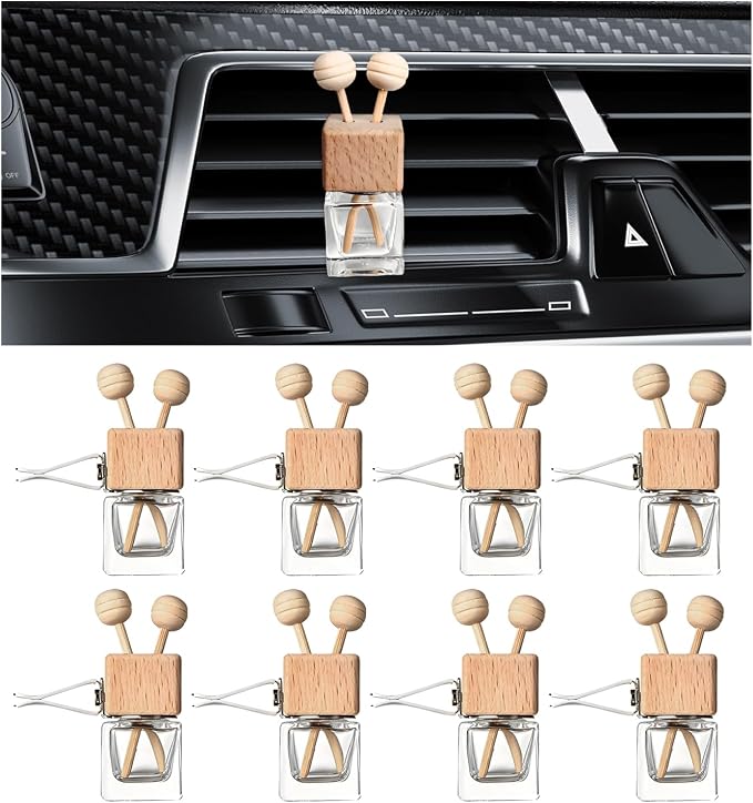 KVAEY 2PCS Car Diffuser Air Freshener Bottle, Refillable Empty Glass Perfume Bottles with Vent Clip, Universal Essential Oil Diffuser for Most Vehicles, Interior Car Accessories (8PCS, Blank)
