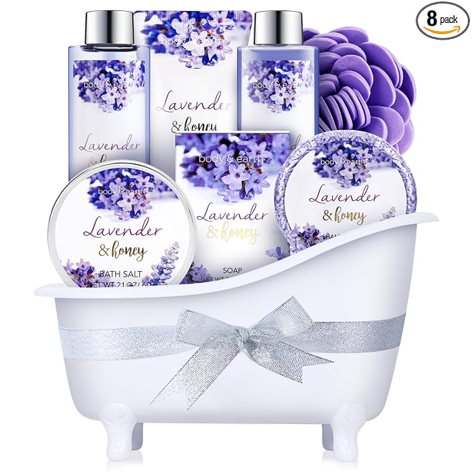 Bath and Body Gift Set - Lavender Gifts for Women, Body & Earth Bath & Shower Sets, 8 Pcs Lavender Honey Gift Sets with Bubble Bath, Lotion Set, Soap, Spa Kit for Women, Christmas Gifts for Mom
