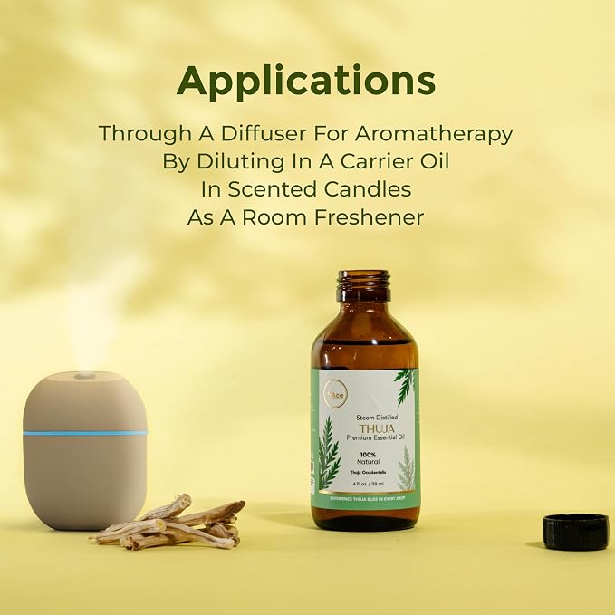 My ACE Thuja Essential Oil 4 Fl Oz - 100% Pure & Natural - Premium Grade for Aromatherapy, Diffuser, Skin, Hair, Massage, Candle & Soap Making, Home - Glass Bottle with Dropper - Long Lasting Scent
