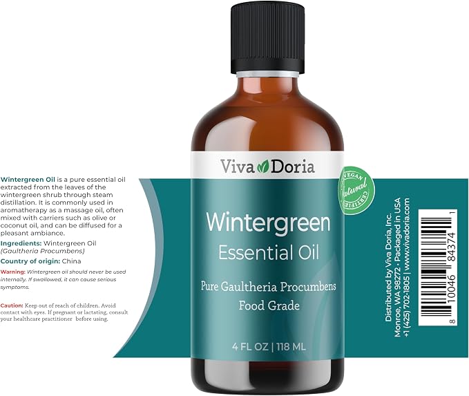 Viva Doria Wintergreen Essential Oil, 100% Pure, Natural Essential Oil, Undiluted, for Aromatherapy | Food Grade, 118 mL (4 Fluid Ounce)